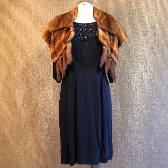 Antique Black Dress With Beaded Upper Bodice, Zippered Back and 3/4 Sleeves - Picture 16 of 16